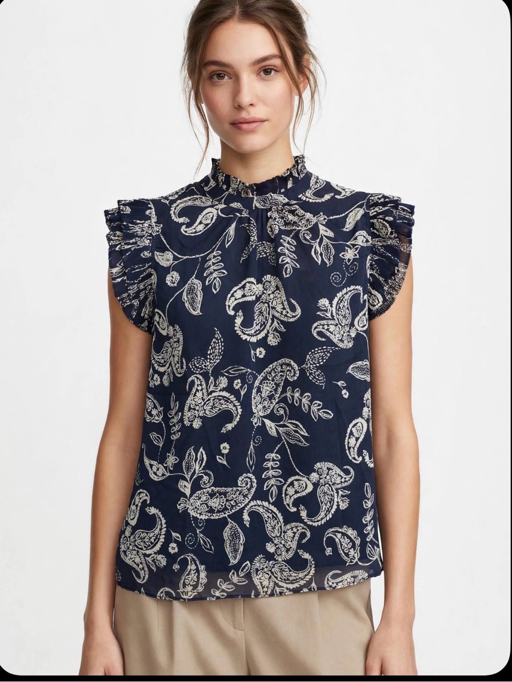:
Philosophy Republic Clothing Navy Paisley Ruffle Blous